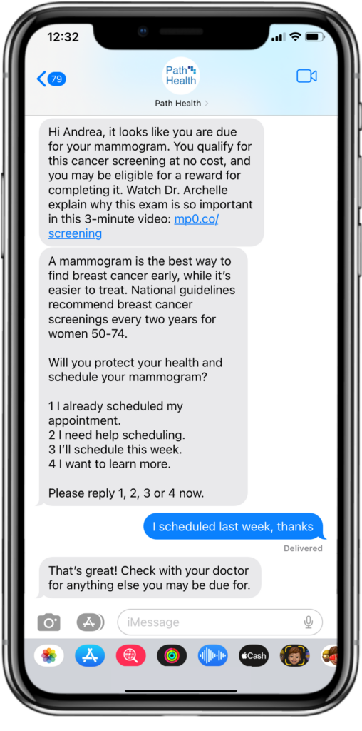 An example of a tailored SMS conversion between a healthcare provider and a patient to remind them of their mammogram screening.