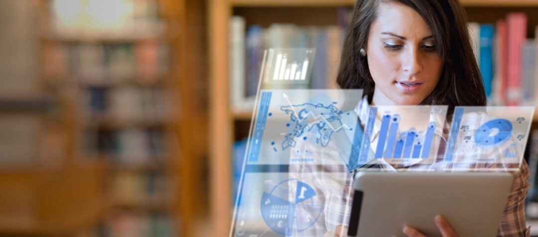 Woman using tablet with digital data interface and charts overlay in a library
