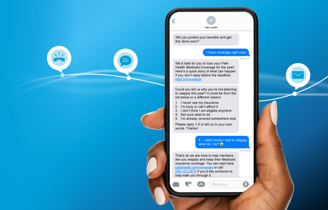 Hand holding smartphone displaying Path Health text message renewal conversation.